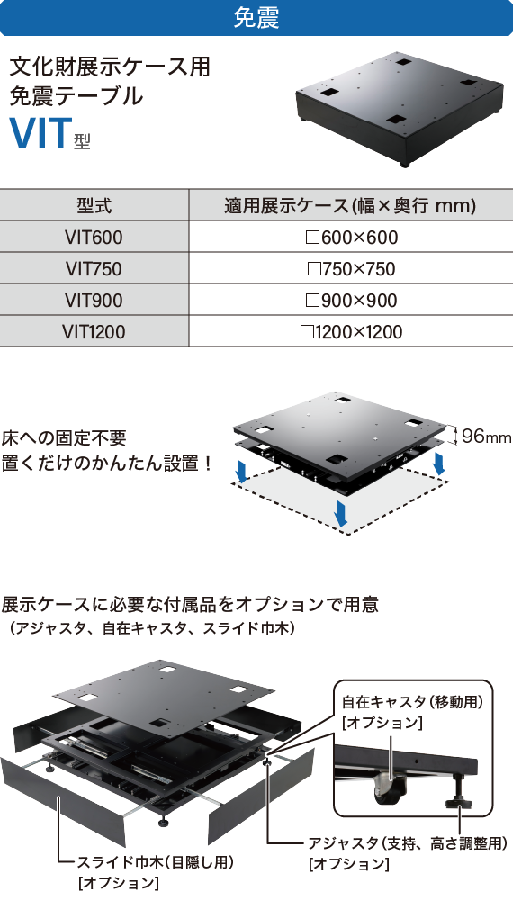 型式：VIT600、適用展示ケースは縦横600mm。型式：VIT750、適用展示ケースは縦横750mm。型式：VIT900、適用展示ケースは縦横900mm。型式：VIT1200、適用展示ケースは縦横1200mm。